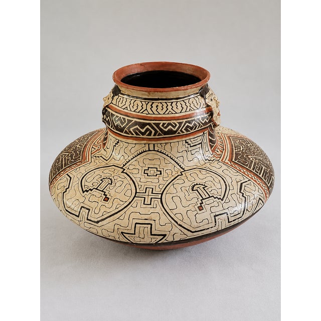 Large Peruvian Pottery Vessel Anthropomorphic Vase Kené Pattern Tribal Art Decorative Vessel 24 Inch Amazonian Style...
