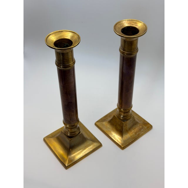 Vintage Neiman Marcus Brass & Copper Column Candlesticks – A Pair For Sale - Image 4 of 6