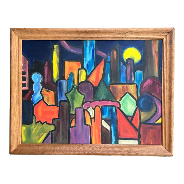 Mid Century Abstract Cityscape Painting Oil on Board For Sale