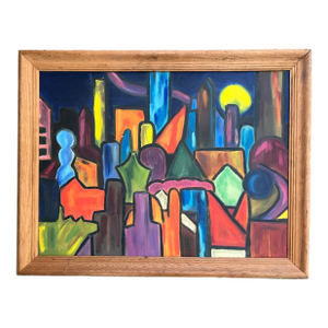 Mid Century Abstract Cityscape Painting Oil on Board