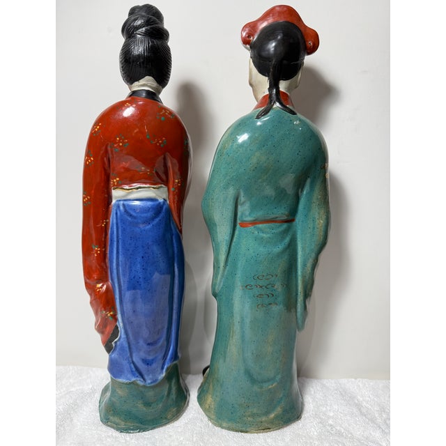 Rose 19th Century Antique Pair Chinese Famille Rose Enamel Porcelain Figures 14" For Sale - Image 8 of 12