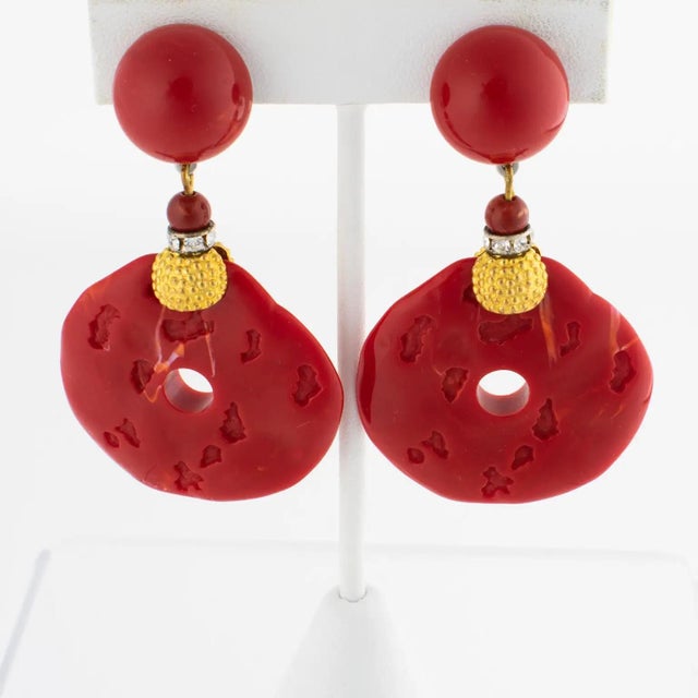 Red Angela Caputi Gilded and Red Cinnabar Resin Dangle Clip Earrings For Sale - Image 8 of 8