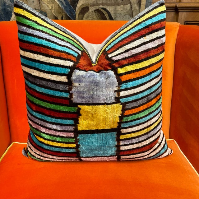 Contemporary Silk Ikat Stripe Colorblock Pillow For Sale - Image 3 of 10