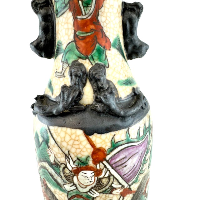 Ceramic Antique Japanese Satsuma-Style Warrior Vase With Sculpted Handles and Crackle Glaze For Sale - Image 7 of 14