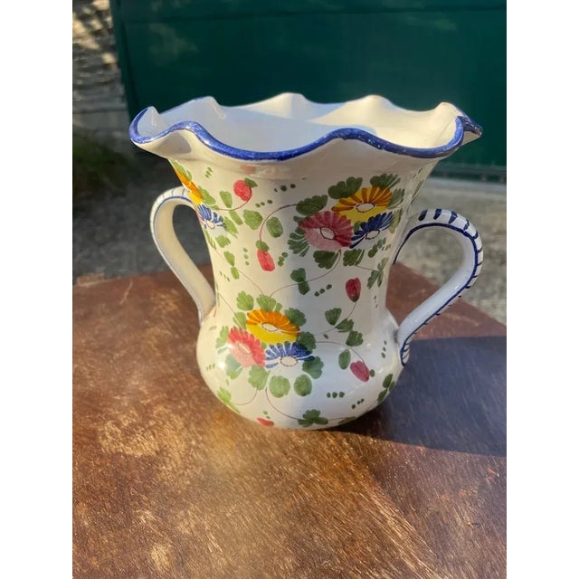 1950s French Vintage Terracotta Vase – Hand-Painted White & Blue Floral Design For Sale - Image 5 of 5