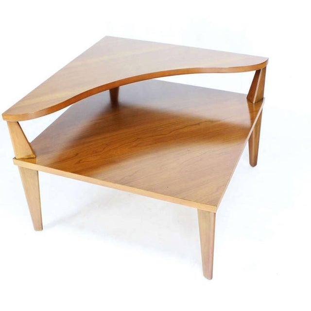 Camel Mid 20th Century Pair of Large Square Light Walnut Step Corner End Tables Stands John Stuart MINT For Sale - Image 8 of 9