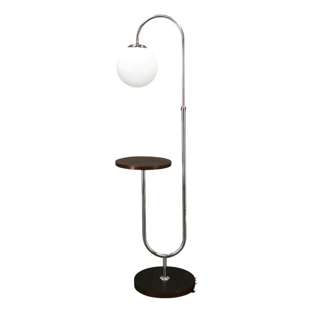 Vintage Art Deco Chrome Floor Lamp with Opaline Globe and Side Table, 1940s For Sale