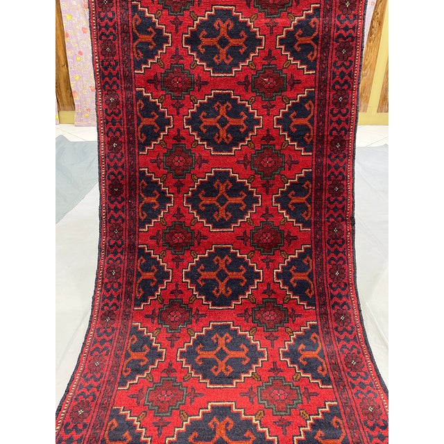 Art Deco Red & Navy Geometric Medallion Tribal Runner Rug, 2'6" X 9'8" For Sale - Image 3 of 16