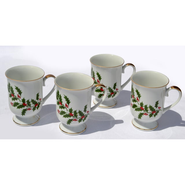 Farmhouse Set 4 Japan Porcelain & Gold Trim Footed Mug Christmas Holly by All the Trimmings For Sale - Image 3 of 16