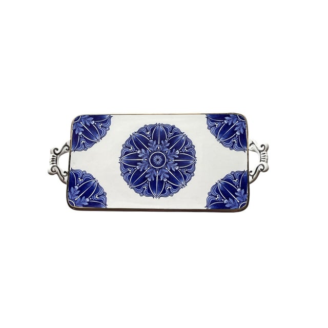 Traditional Vintage Bombay Co. Large Blue & White Silver Platinum Trim Stunning Serving Tray For Sale - Image 3 of 5