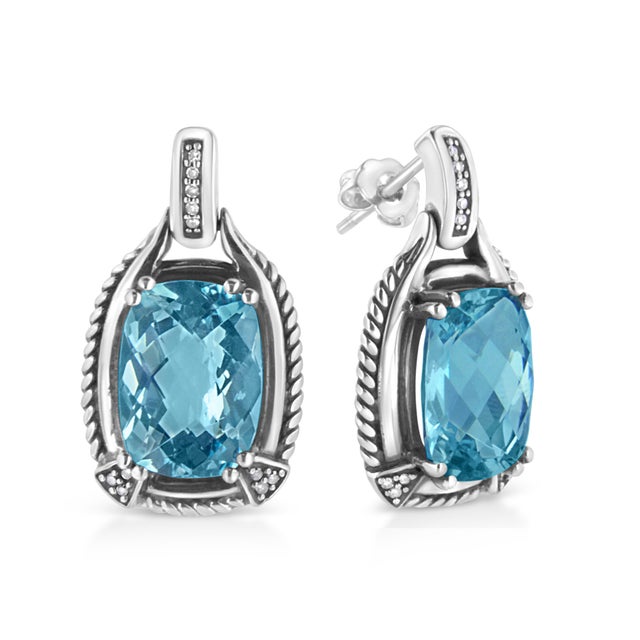 .925 Sterling Silver 14x10MM Cushion Cut Blue Topaz Gemstone and Diamond Accent Dangle Earring (I-J Color, I1-I2 Clarity) For Sale - Image 4 of 6