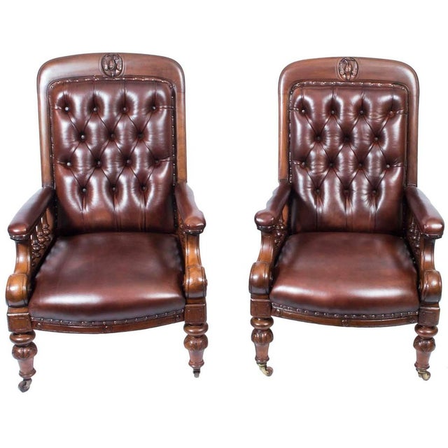 Brown Set of 19th Century Victorian English Leather Armchairs For Sale - Image 8 of 8