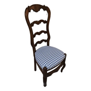 Handsome Tall Back Country Walnit French Side Chair Upolstered in Piped Blue and White Check For Sale