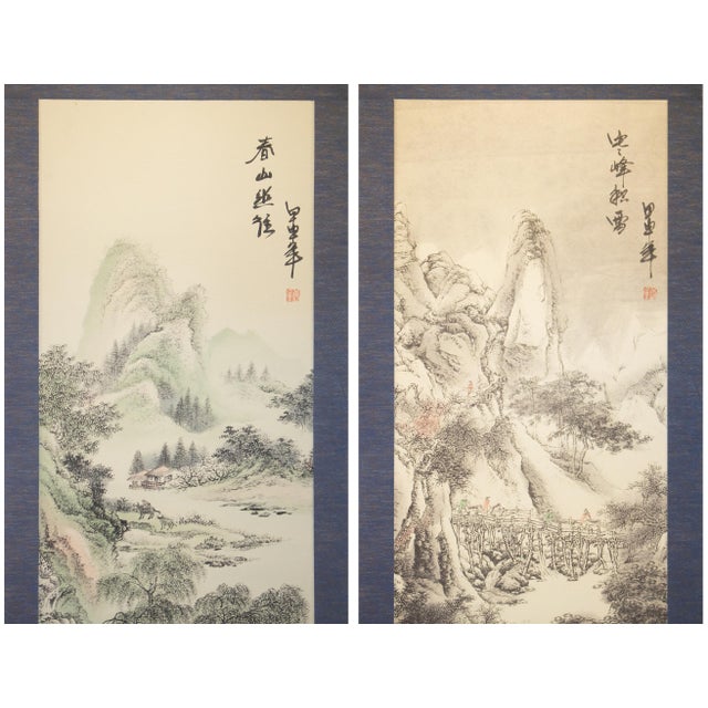 Japanese Heisei Era Japanese Monochrome Landscape Scrolls - A Pair For Sale - Image 3 of 18