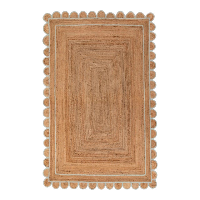 Soft Sea Green Jute Scallop Hand Made Rug - 3'x12' For Sale