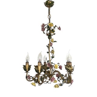 Italian Metal and Porcelain Flower Chandelier, 1940s For Sale