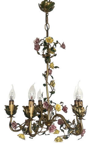 Italian Metal and Porcelain Flower Chandelier, 1940s
