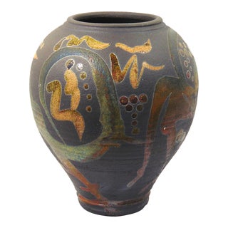 Handmade Raku Pottery Vase 8.5"h Signed For Sale