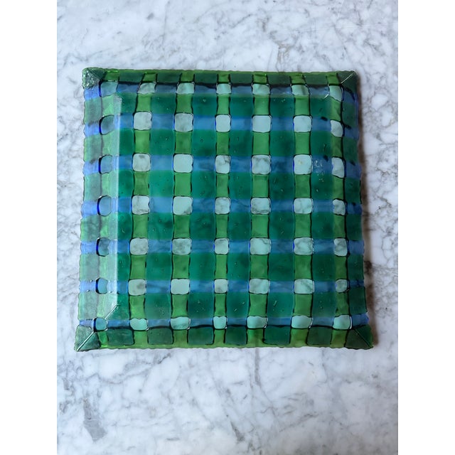 Glass Vintage Large Hand-Blown Art Glass Fruit Bowl / Platter in Basketweave Lattice Design For Sale - Image 7 of 9