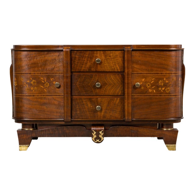 1930s French Art Deco Walnut Commode With Floral Marquetry For Sale