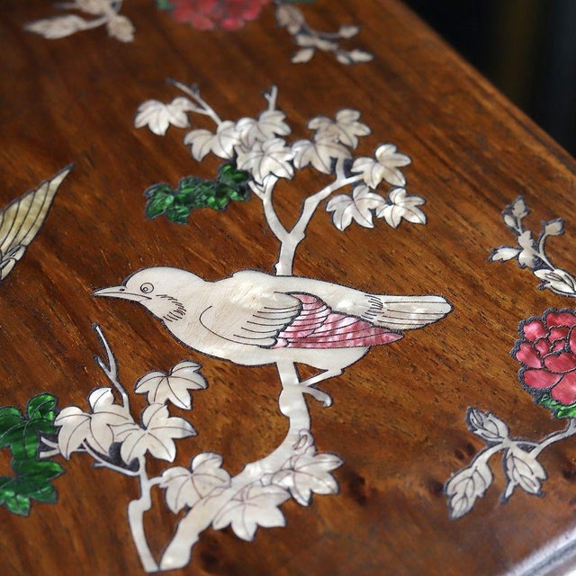 Brown Vintage Rosewood Box With Mother-of-Pearl Bird and Floral Inlay For Sale - Image 8 of 9