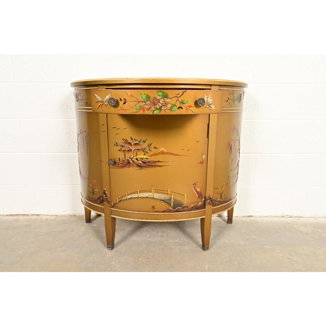 1940s Imperial Furniture Regency Chinoiserie Gold Lacquered Hand Painted Demilune Console or Bar Cabinet, Circa 1940s For Sale - Image 5 of 14