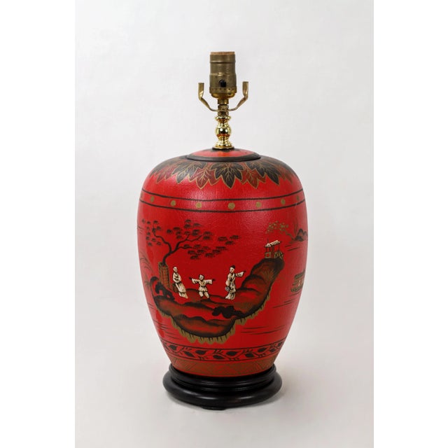 Chinoiserie Vintage Chinoiserie Red Ginger Jar Lamp With Figured in White and Gold Color For Sale - Image 3 of 11