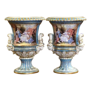 Pair of Mid-Century French Louis XVI Painted Porcelain Urns Sevres Style