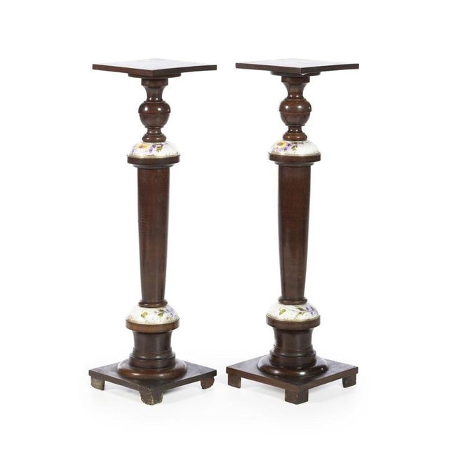 20th Century Walnut and Porcelain Columns, Set of 2 For Sale - Image 6 of 6