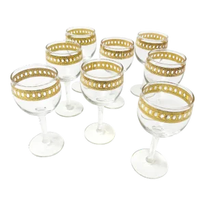 Mid Century Glamorous 22Kt Gold Culver Wine Glass Goblets - 8 Pieces