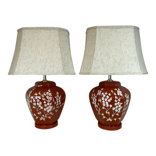 1970s Chinoiserie Porcelain Floral Raised Relief on Reverse Painted Ginger Jar Lamps - a Pair. For Sale