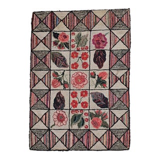 Vintage American Hand-Hooked Area Rug, Wool & Cotton, Block Pattern, 1900s For Sale