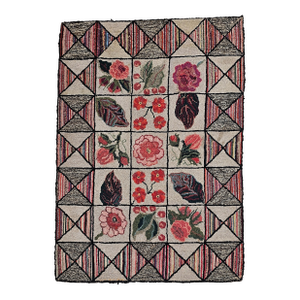 Vintage American Hand-Hooked Area Rug, Wool & Cotton, Block Pattern, 1900s