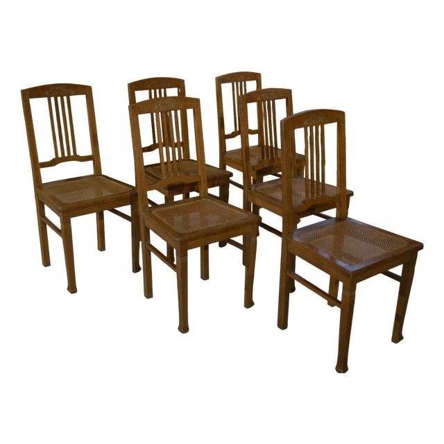 Art Deco Oak & Cane Dining Chairs, 1930s, Set of 6 For Sale