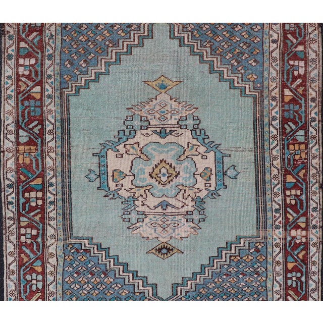 Textile Vintage Turkish Oushak Rug With Vibrant Teal and Rich Maroon Accents For Sale - Image 7 of 10