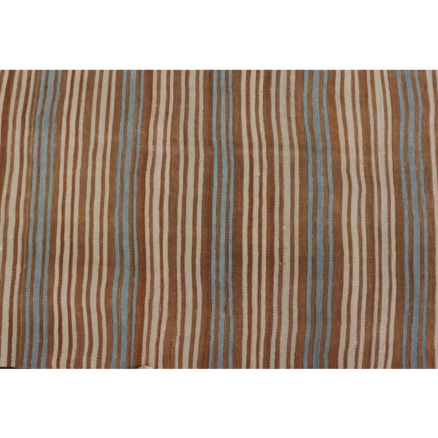 Textile Vintage Hand Woven Turkish Kilim With Stripes in Brown, Cream and Light Blue For Sale - Image 7 of 10