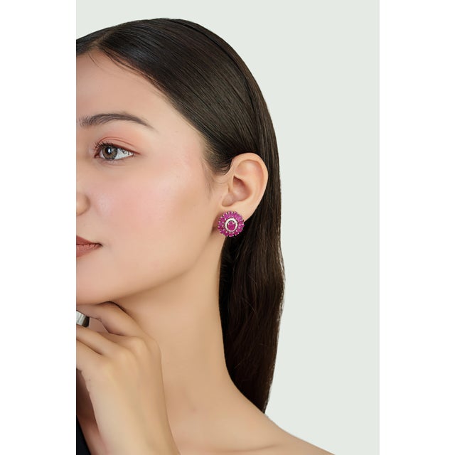 Luxury 10.21ct Ruby Bloom Diamond Halo Statement Stud Earrings in 14k Gold- A Pair For Sale - Image 11 of 16