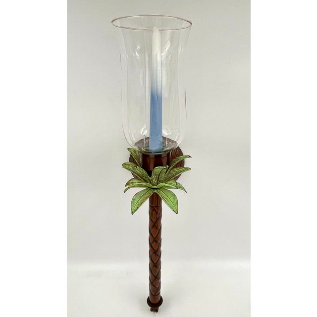 Hollywood Regency Vintage 1990s Metal Palm Tree Candle Wall Sconces With Glass Hurricane Shades - A Pair For Sale - Image 3 of 12