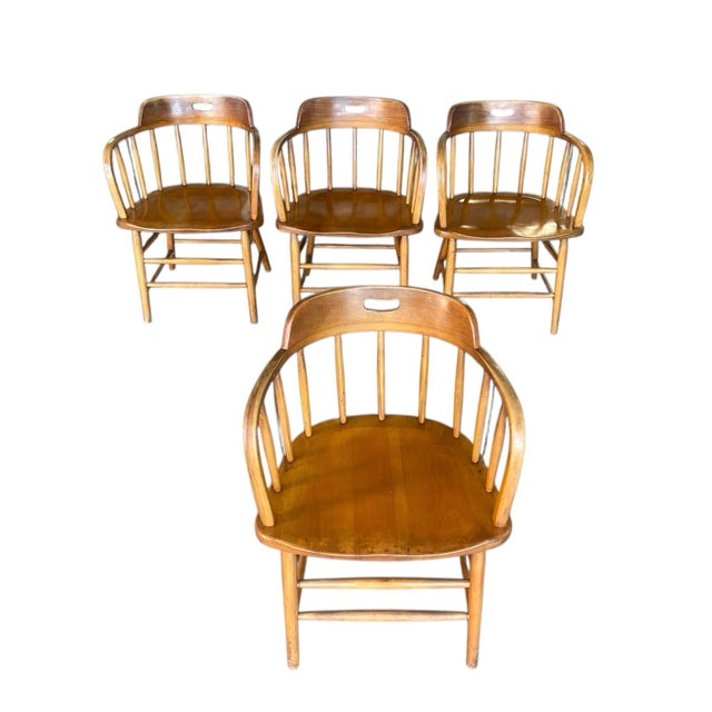 Farmhouse Mid Century Firehouse Style Bankers Chairs, a Set of Four, Dining Chairs, Vintage, Oak For Sale - Image 3 of 12