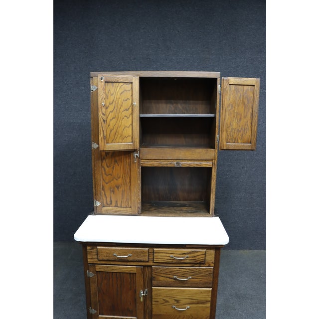 Rare Antique Oak Hoosier Cabinet With Porcelain Work Surface For Sale - Image 9 of 10