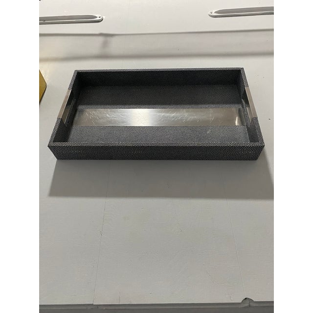 1980s Faux Shagreen and Chrome Serving Tray For Sale - Image 9 of 12