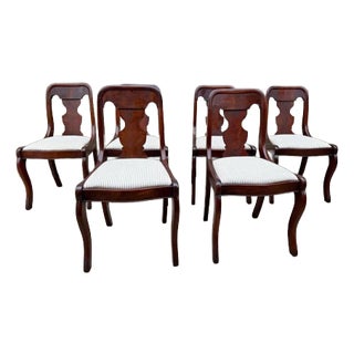 Early 20th Century Set of Six Antique Empire Gondola Style Flame Mahogany Upholstered Dining Chairs For Sale
