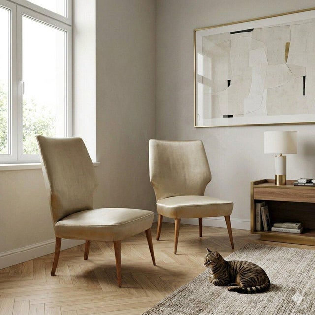 A pair of vintage bedroom armchairs with beech wood legs, sprung padding, and original period fabric upholstery. This...