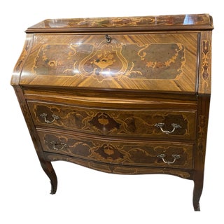 Italian Marquetry Bombe Secretaire Desk with Drop-Front, 1950s For Sale