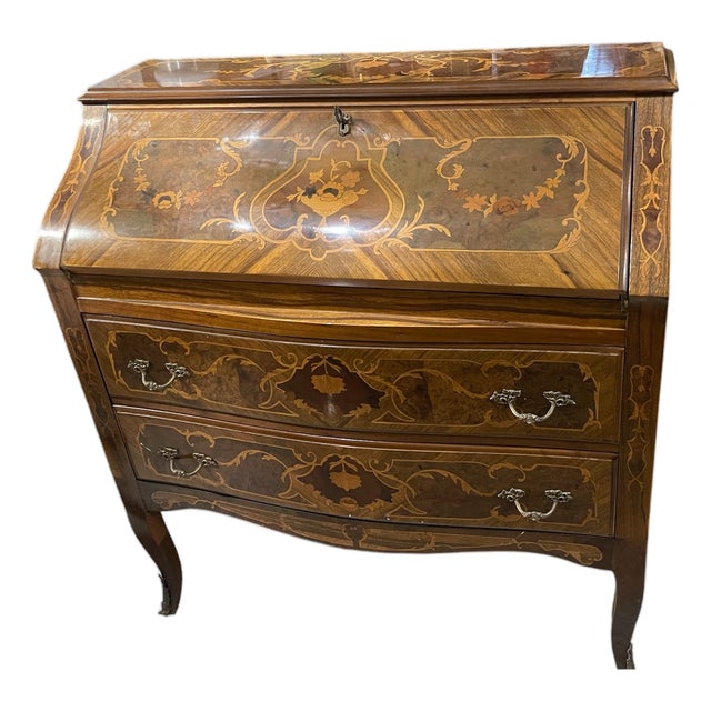 Italian Marquetry Bombe Secretaire Desk with Drop-Front, 1950s For Sale