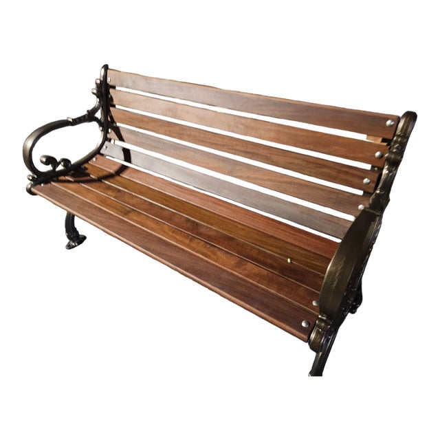 1950s Attributed Restored Woodstock, Vermont Bench Mfg. Co. Cast Iron Garden Bench With Oiled Ipe Slats (Bronze Finish) For Sale