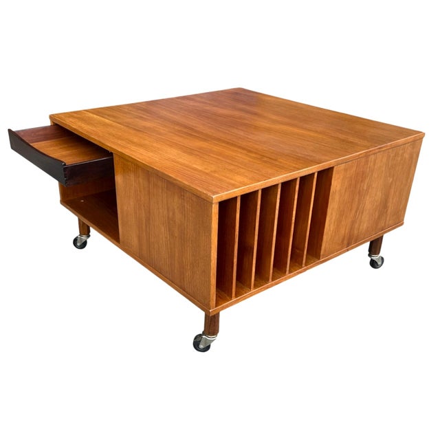 1960s Danish Lovig Square Coffee Table With Drawer, Open Shelves & Original Casters For Sale - Image 9 of 16