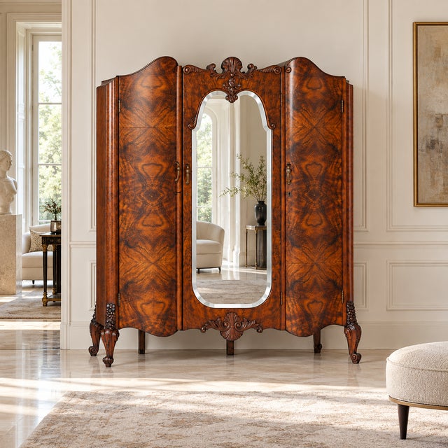 Baroque Venetian Hand-Carved Walnut & Burl Walnut Wardrobe with Mirror, 1910s For Sale - Image 10 of 13