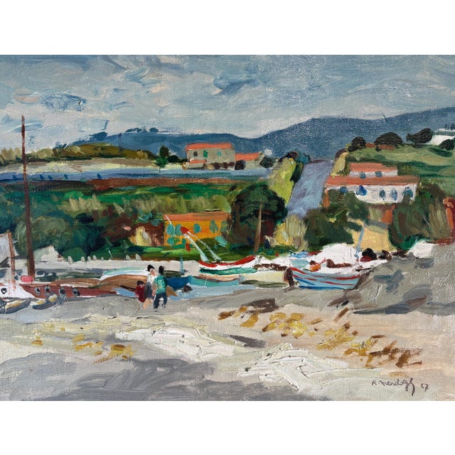 Blue Robert Mendoze Original Oil Painting, French Coastal Harbor, Signed and Dated 1967, Framed For Sale - Image 8 of 11