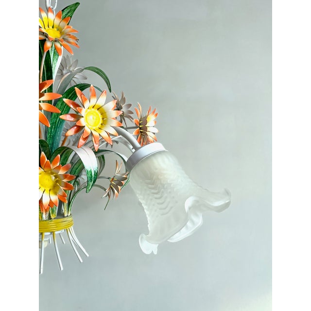 1970s Vintage European Floral Tole Chandelier with Frosted Glass Tulip Shades, 1970s For Sale - Image 5 of 13